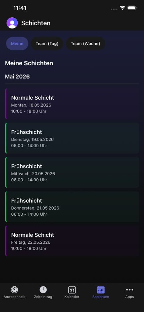 FourTimes App – Schichtplan-Ansicht