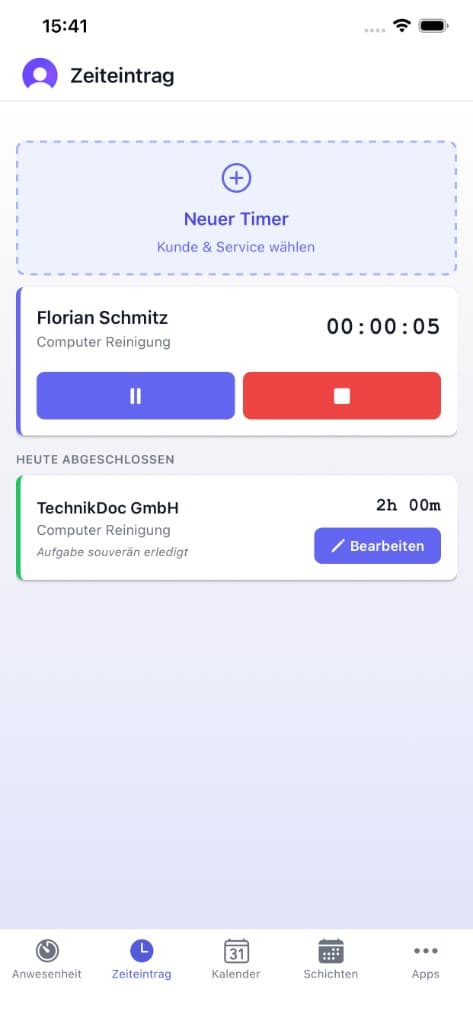 FourTimes App Zeiteintrag mit neuem Timer, aktiver Sitzung und Liste heute abgeschlossen, helles Theme